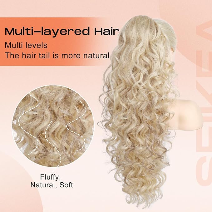 SEIKEA Ponytail Extension, 24" Fluffy Long Wavy Curly Claw Clip Hair Extensions Ponytail Multi-layered Clip in Fake Pony Tails Natural Soft Synthetic Hairpiece Ash Blonde White Blonde Highlights
