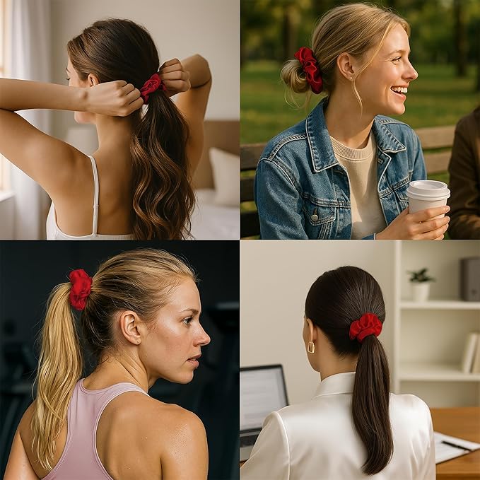 Pure Silk Scrunchies, 100% Mulberry Silk Hair Elastic for Women, Anti-Crease, Gentle on Hair (1, Red)