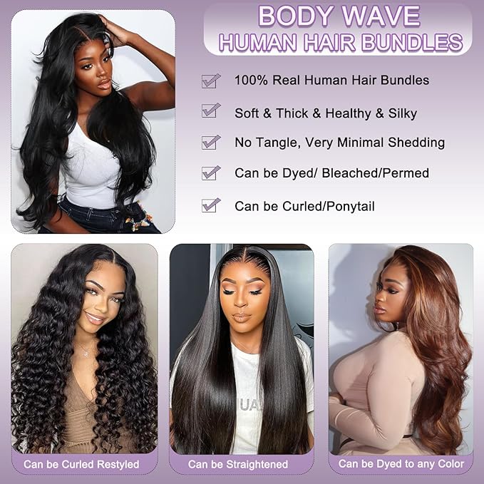 Body Wave 12A Human Hair Bundles 12 14 16 Inch Body Wave Bundles Human Hair 100% Unprocessed Virgin Hair Extensions Raw Quick Weave Extensions Natural Black