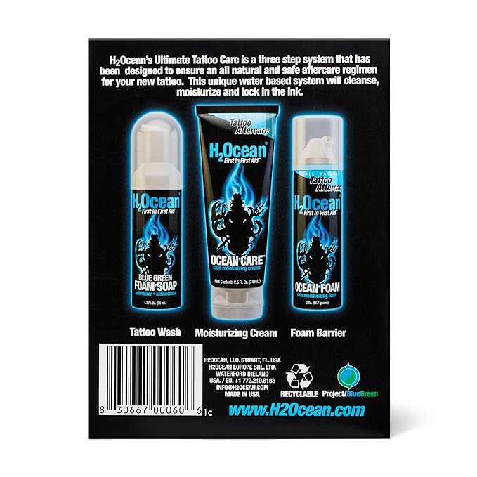 H2Ocean Ultimate Tattoo Aftercare Kit – Complete 3 Step Water-Based Skincare Regimen for Faster Tattoo Healing – Blue Green Foam Soap (1.7 oz), Ocean Care Cream (2.5 oz) & Ocean Foam Moisturizer(2 oz)
