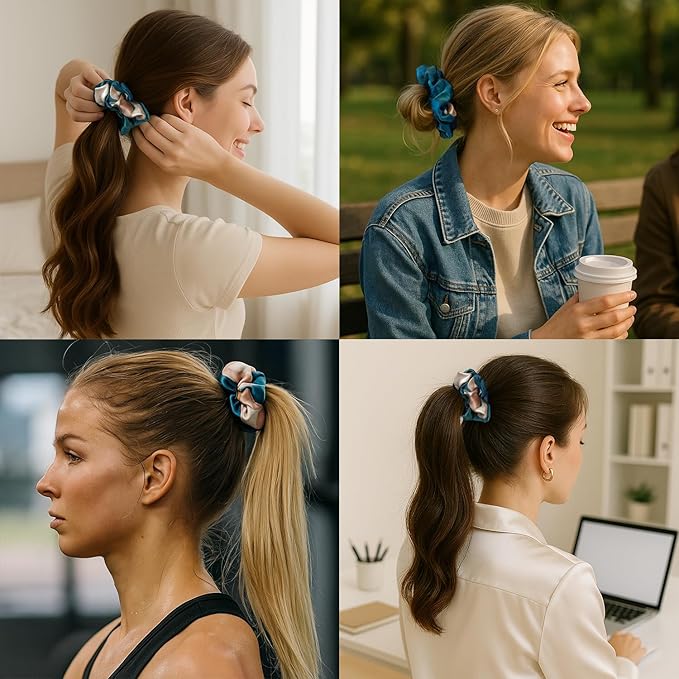 Pure Silk Scrunchies, 100% Mulberry Silk Hair Elastic for Women, Anti-Crease, Gentle on Hair, 1 PC, Teal Flower