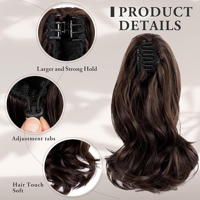 Ponytail Extension, 12inch Curly Wavy Ponytail Claw Clip Ponytail Extension Natural Looking Soft Synthetic Clip on Pony Tails Hairpiece for Women (Brown Black 6#)