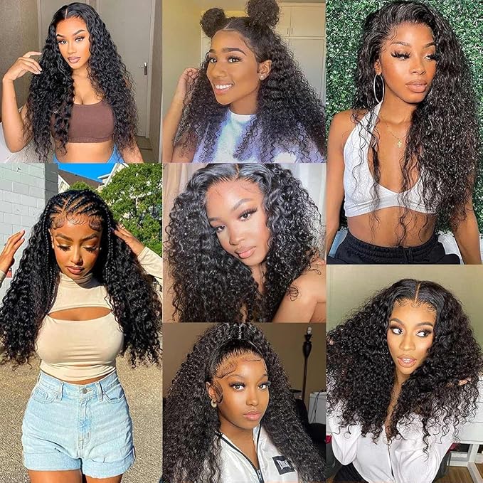 28 Inch 13x6 Lace Front Wigs Human Hair Water Wave 200 Density 13x6 HD Full Lace Frontal Wigs Pre Plucked Wet and Wavy Glueless Deep Curly Human Hair Wigs for Women Natural Black