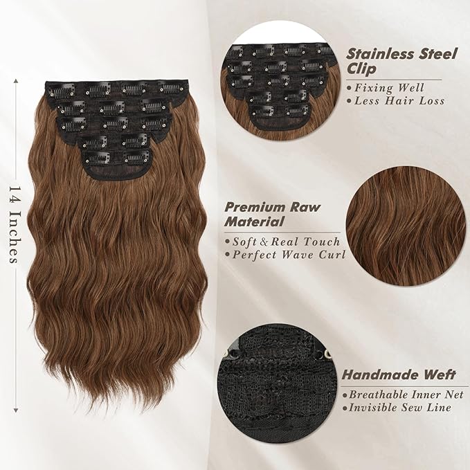 BARSDAR Wavy Brunette Clip in Hair Extensions - 14 Inch Short Wavy Clip in Hair Extensions for Women - 5PCs Thick Soft Synthetic Voluminous Easy Wear Brunette Brown Hairpieces Daily Party