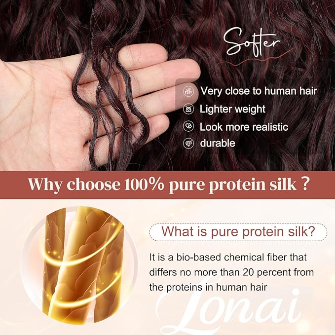 LONAI 4PC Clip in Hair Extensions, 100％ Pure Protein Silk Curly Hair Extension for Women, 26 Inch Long Soft Natural Hair Extensions-Wine Red