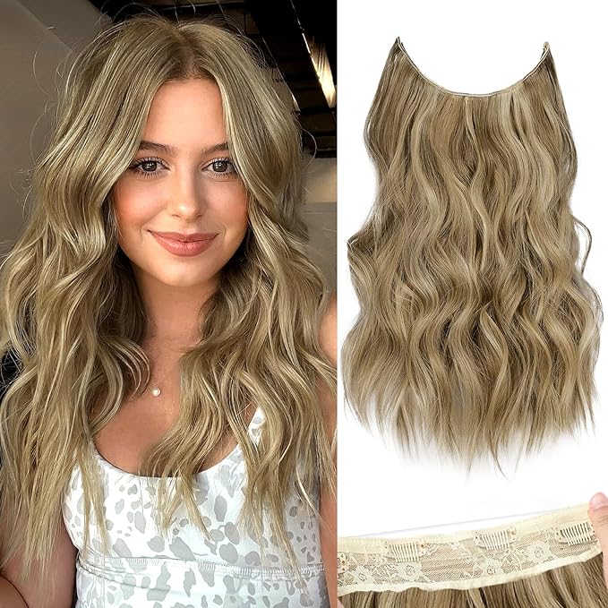 KooKaStyle Invisible Wire Hair Extensions with Transparent Headband Adjustable Size 4 Secure Clips Long Wavy Secret Wire Hairpiece for Women(16 Inch Light Brown mix Golden Blonde)