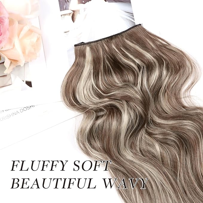 NAYOO Clip in Hair Extensions for Women 14 Inch Short Wavy Curly Medium Brown Ash Blonde Hairpieces Full Head Synthetic Hair Hairpieces (6PCS, Medium Brown Ash Blonde)
