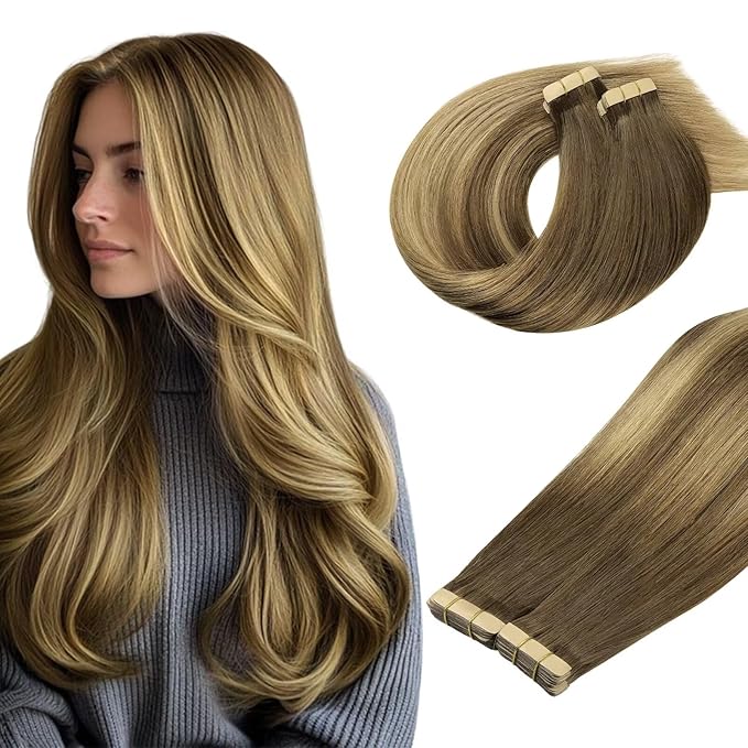 DOORES Medium Brown Highlighted Dirty Blonde 12 Inch 40pcs 80g Human Hair Extensions - Natural Invisible Tape In