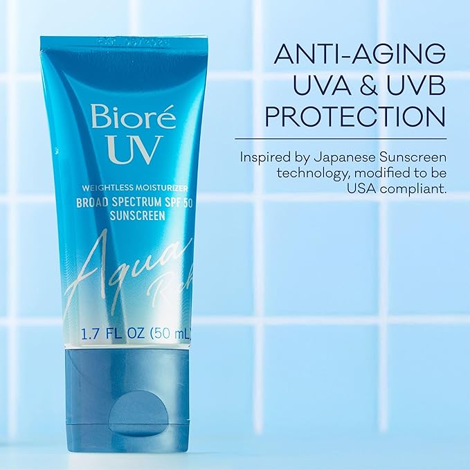 Biore UV Aqua Rich Daily Hydrating Facial Moisturizer with SPF 50 Oil Free Sunscreen & Primer for Makeup with Hyaluronic Acid, No White Cast, Non-Comedogenic, For Sensitive Skin, PA++++, 1.7 Oz