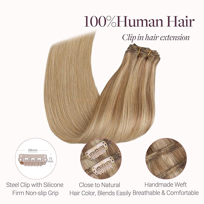 GOO GOO Clip in Hair Extensions Real Human Hair, Remy Human Hair Extensions Clip ins for Women, Natural Human Hair, 18inch 120g 7 Pcs, #12A/18H Ash Beige Blonde Blend