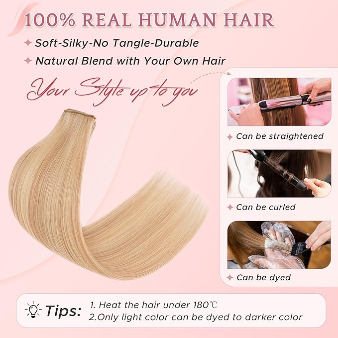 SEGO Single Clip In Hair Extensions Real Human Hair 6 Pcs Individual Clip Ins Highlight Remy Balayage Straight Soft Seamless Hairpieces for Women /16 Inch #18P613 Ash Blonde&Bleach Blonde