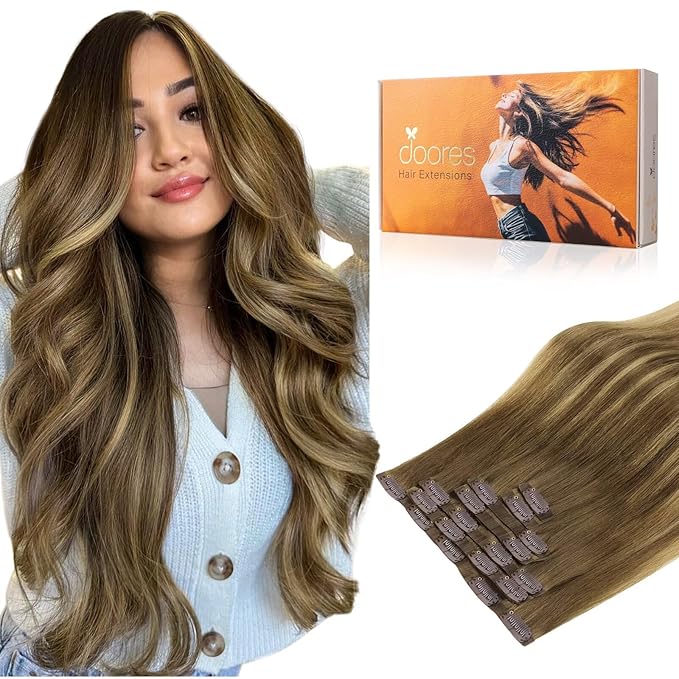 DOORES Seamless Clip in Hair Extensions, Medium Brown Highlighted Dirty Blonde 16 Inch 130g 7pcs, Human Hair Extensions Invisible PU Weft Remy Hair Natural Hair Straight Invisi Edge Hair Extensions