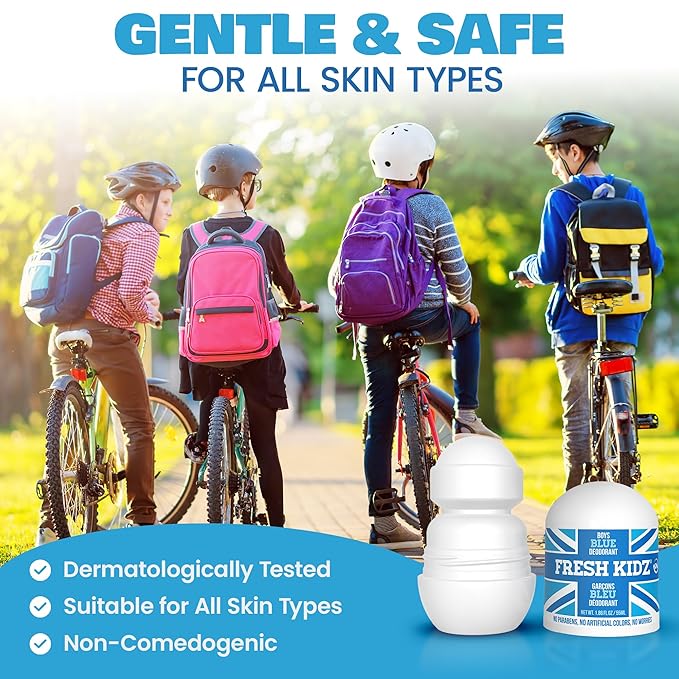 Fresh Kidz Roll On Deodorant for Kids and Teens - Baking Soda and Aluminum-free 24 Hour Protection for Sensitive Skin - Boys "Blue" 1.86 fl.oz.