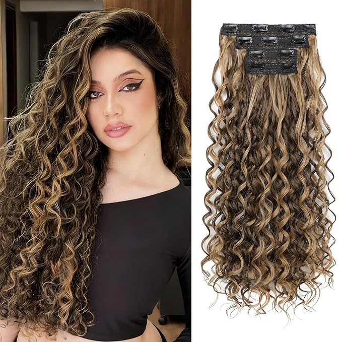 REECHO Curly Hair Extensions, 4PCS 24 inch Clip in Hair Extensions Lace Weft Short Curly Extensions Clip Ins Invisible Natural Hairpieces for Women, Chocolate Brown with Highlights