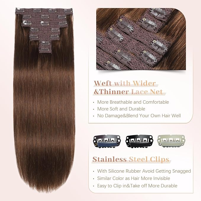 Sisily Clip in Hair Extensions Real Human Hair, 14 inch 120g, Chocolate Brown, 100% Brazilian Remy Human Hair Clip in Extensions Soft Straight 7pcs Per Set with 16 Clips Double Weft