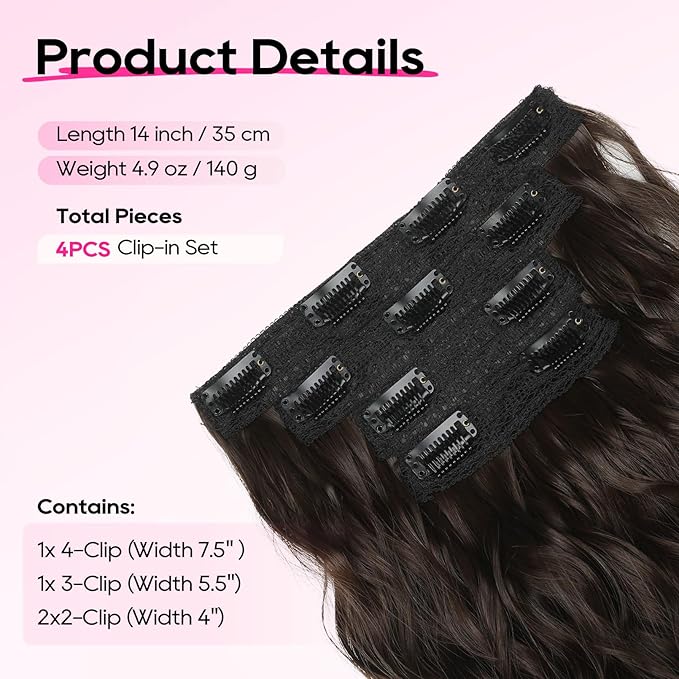 REECHO Clip in Hair Extensions, 4PCS Hair Extensions 14" Short Wavy Invisible Lace Weft Natural Soft Hairpieces for Women – Chocolate Brown