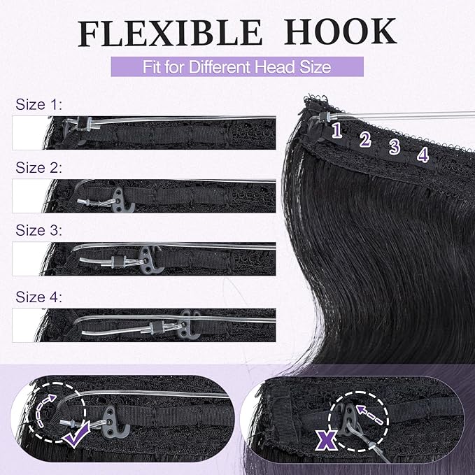 Halo Hair Extensions Real Human Hair,Halo Hair Extension 100% Human Hair,Wire Hair Extensions,Wavy 01 Jet Black 75g/22inch