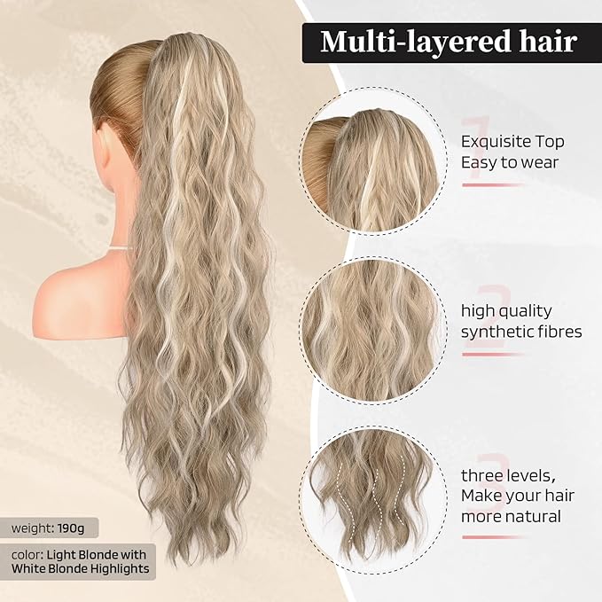 FLUFYMOOZ Ponytail Extension, 26 Inch Drawstring Ponytail Hair Extensions for Women， Long Curly Wavy Ponytail Natural Synthetic Hairpiece for Women (26 Inch Blonde with Blonde Highlights)
