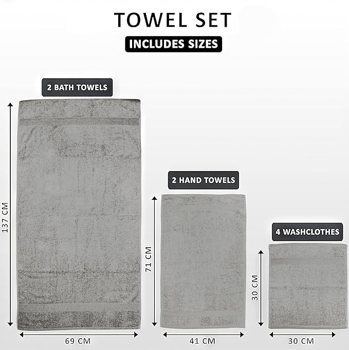 Softolle Luxury 8 Piece Towel Set, 2 Bath Towels 2 Hand Towels 4 Washcloths, Towels for Bathroom, Home, Spa & Gym - Highly Absorbent (Silver Grey)