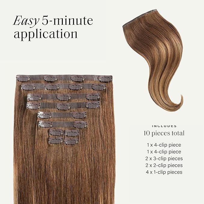 Luxy 100% Remy Human Hair - Seamless Clip-In Hair Extensions - Multi-Dimensional Color for Natural Blending, Adds Volume & Length 240 grams 24" Chestnut Brown Balayage