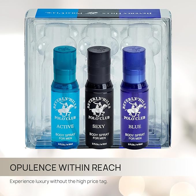 Beverly Hills Polo Club Men's Signature Body Spray Collection | 3-Piece Set: Blue, Active, Sexy | Versatile Fragrances for Every Occasion | Travel-Friendly 3 fl oz Each | Premium Grooming Gift for Him