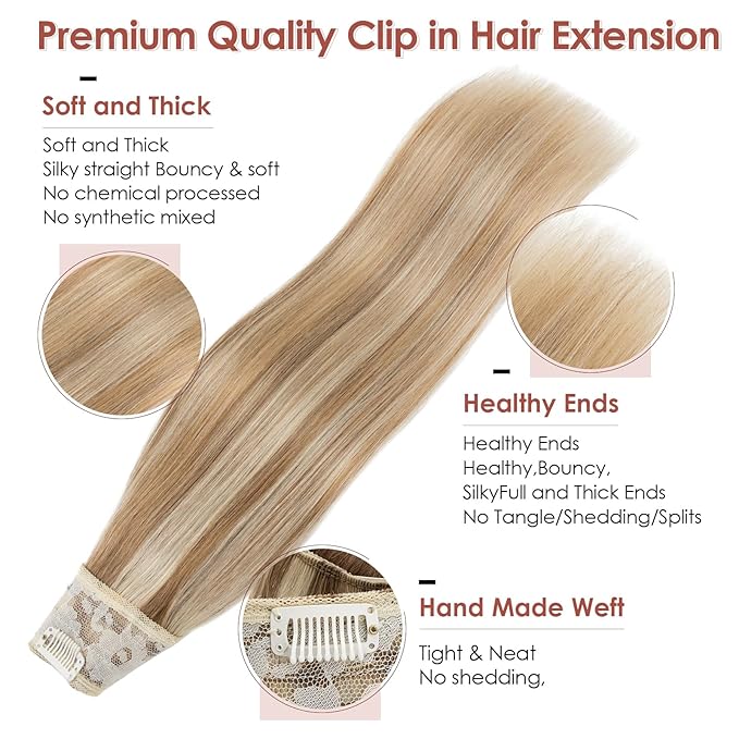 Benehair One Piece Clip in Hair Extensions Real Human Hair 3/4 Full Head V Shaped Weft Thicker Hair Lace Net One Piece Hair Extensions with 5 Clips (16"-65g #12P613 Golden Brown Mixed Bleach Blonde)