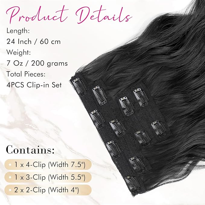 REECHO Hair Extensions, 4PCS Clip in Hair Extensions 24" Thick Long Beach Waves Black hair extensions HE003 Invisible Lace Weft Natural Soft Synthetic Hairpieces for Women – Black