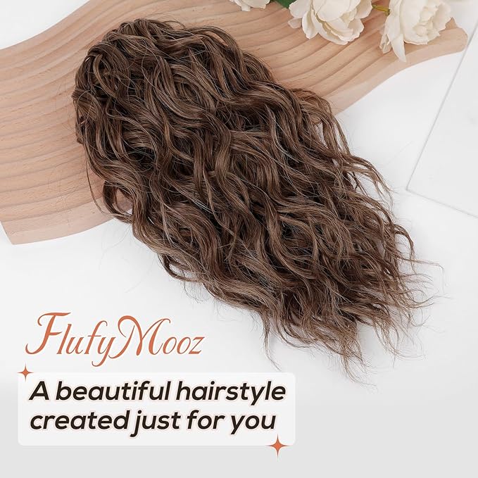 Flufymooz Ponytail Extension, 12" Short Claw Ponytail Extension Wavy Curly Jaw Clip in Pony tails Hair Extension Natural Synthetic Hairpiece for Women (Medium Chocolate Brown)