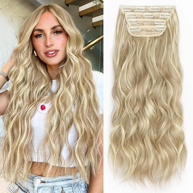 ALXNAN Clip in Long Wavy Synthetic Hair Extension 24 Inch Beach Blonde 4PCS Thick Hairpieces Fiber Double Weft Hair for Women