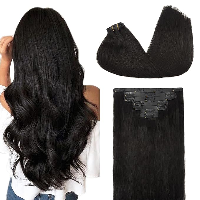 GOO GOO Clip in Hair Extensions Real Human Hair, Remy Human Hair Extensions Clip ins for Women, Natural Human Hair, 22inch 160g 7Pcs, #1B Natural Black