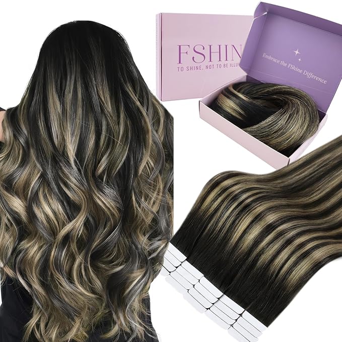 Fshine Tape in Human Hair Extensions Balayage Off Black Fading to Caramel Brown and 16 Inch 50g Ombre Remy Fow Women, Great for Stage Performance 20 Pcs