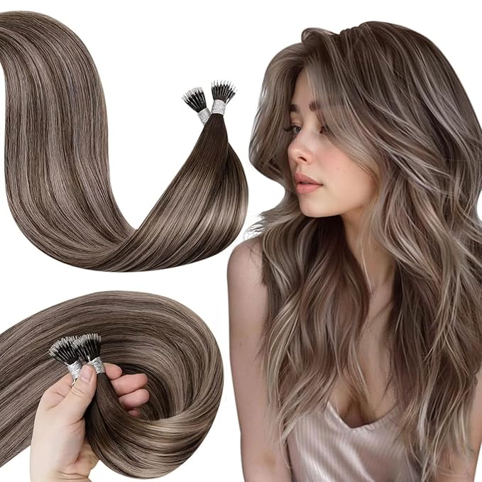 LaaVoo Nano Bead Hair Extensions Human Hair Balayage Brown to Ash Blonde Nano Hair Extensions Human Hair 24 Inch 50g 50s