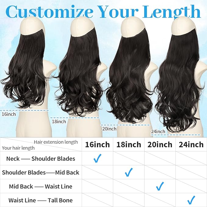 KooKaStyle Invisible Wire Hair Extensions 18"Long Wavy Layered Synthetic Clip in Hair Extensions with Transparent Wire Adjustable Size 6 Secure Clips Dark Brown Thick Hairpieces for Women 18Inch