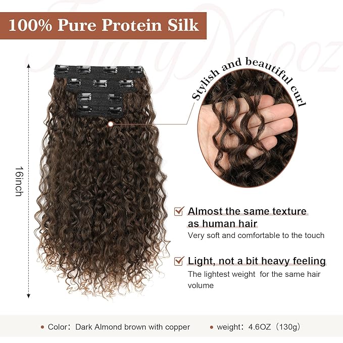 Clip in Hair Extensions, FLUFYMOOZ 4PC 100％ Pure Protein Silk Hair Extensions Long Soft Natural Hairpiece 16 Inch Curly Hair Extension for Women (Dark Almond brown with copper)
