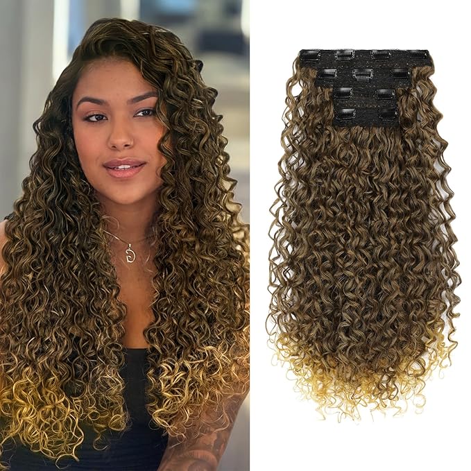 Flufymooz Clip in Hair Extensions, 4PC 100％ Pure Protein Silk Hair Extensions Long Soft Natural Hairpiece 20 Inch Curly Hair Extension for Women-Brown Mix Dirty Blonde