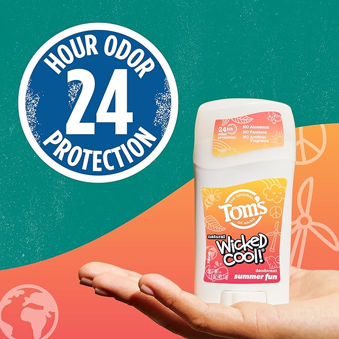 Tom's of Maine Aluminum-Free Wicked Cool! Natural Deodorant for Kids, Summer Fun, 1.6 oz. (Pack of 3) (Packaging May Vary)