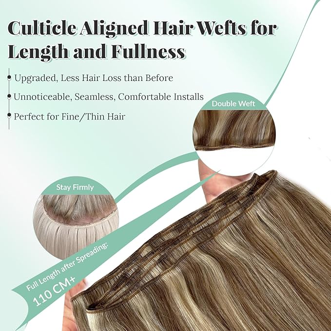 Sew in Hair Extensions Real Human Hair Brown and Blonde Human Hair Bundles Straight Silky Highlight Weft Hair Extensions Ash Brown with Blonde Wefts 14 Inch 80G