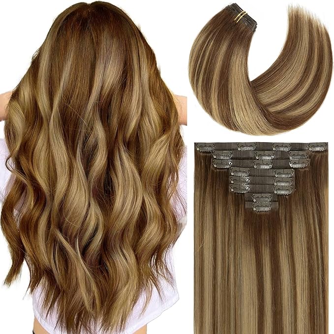 Caliee Balayage Clip in Hair Extensions Real Human Hair Fluffy Not Tangled Seamless Hair Extensions Clip in Human Hair 20 Inch 115G 8Pcs R4-4/27 Chocolate Brown to Caramel Blonde Hair