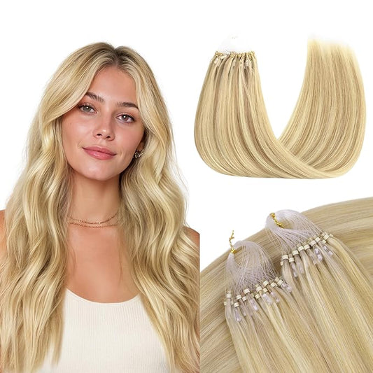GOO GOO Micro Link Hair Extensions Real Human Hair, Upgraded 100g 100S, 22 Inch Cold Fusion Microlinks, Invisible Remy Hair, 16/22 Light Blonde Highlighted Golden Blonde