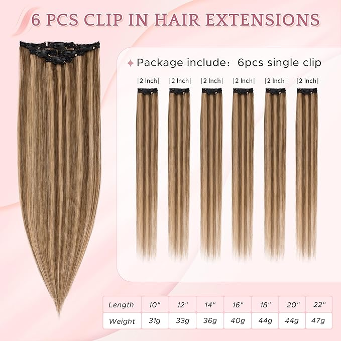 SEGO Single Clip In Hair Extensions Real Human Hair 6 Pcs Individual Clip Ins Highlight Remy Balayage Straight Soft Seamless Hairpieces for Women -22 Inch #4P27 Medium Brown&Dark Blonde