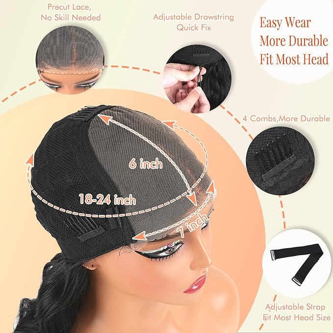 Glueless Wigs Human Hair Pre Plucked Pre Cut 7x6 Hd Lace Closure Wigs Human Hair 32 Inch Body Wave Human Hair Wigs 250% Density Drawstring Glueless Wigs human hair for Beginners