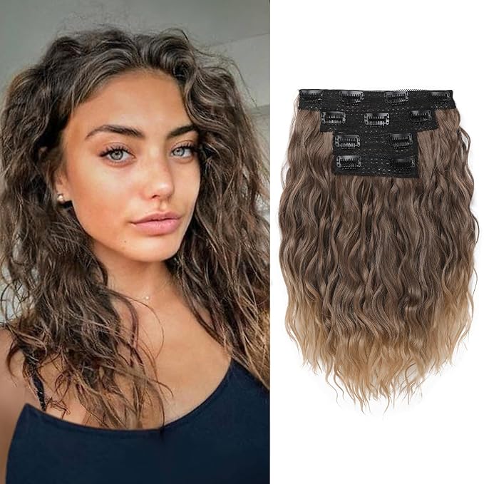 REECHO 4PCS Clip in Hair Extensions - 12" Short Curly Wavy Invisible Lace Weft Natural Soft Hairpieces for Women - Light Brown With Golden Ends