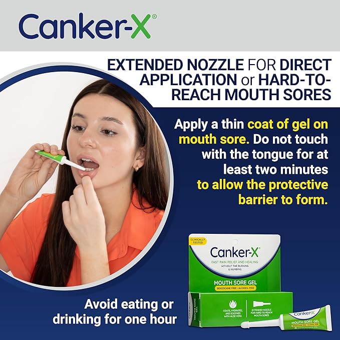 Canker-X Mouth Sore Gel, Fast Pain Relief & Healing for Canker Sores, Cheek Bites and Oral Abrasions, Oral Pain Relief Gel, Benzocaine-Free and Alcohol-Free, Adults and Kids 6+ Years, 0.28 fl oz