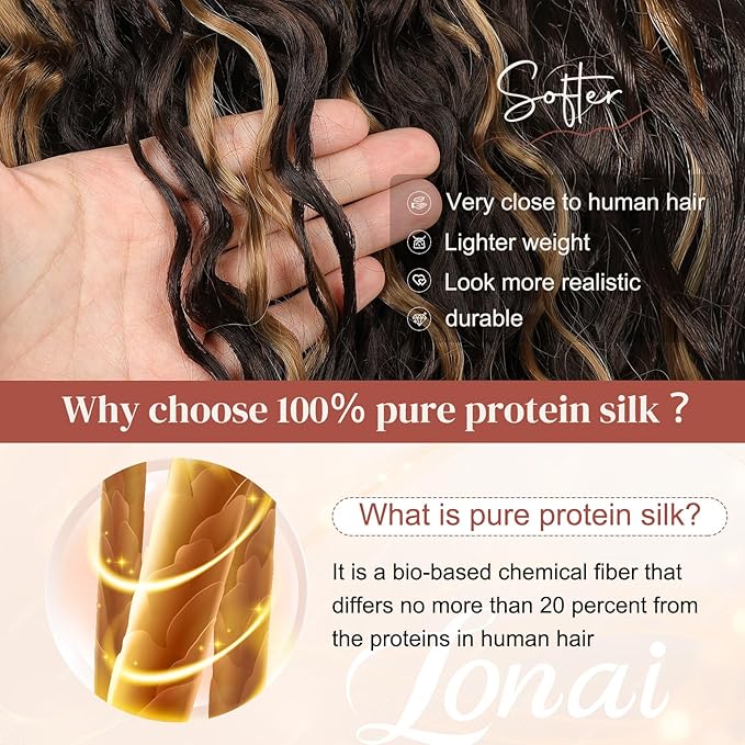 LONAI 4PC Clip in Hair Extensions, 100％ Pure Protein Silk Curly Hair Extension for Women, 26 Inch Long Soft Natural Hair Extensions-Brown with Deep Blonde Highlights