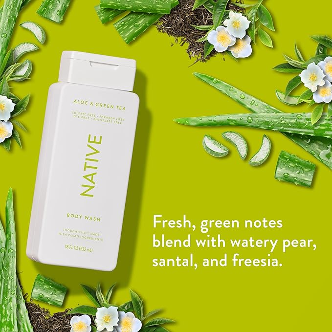 Native Body Wash Contains Naturally Derived Ingredients | For Women & Men, Sulfate, Paraben, & Dye Free Leaving Skin Soft and Hydrating |Aloe & Green Tea 18 oz