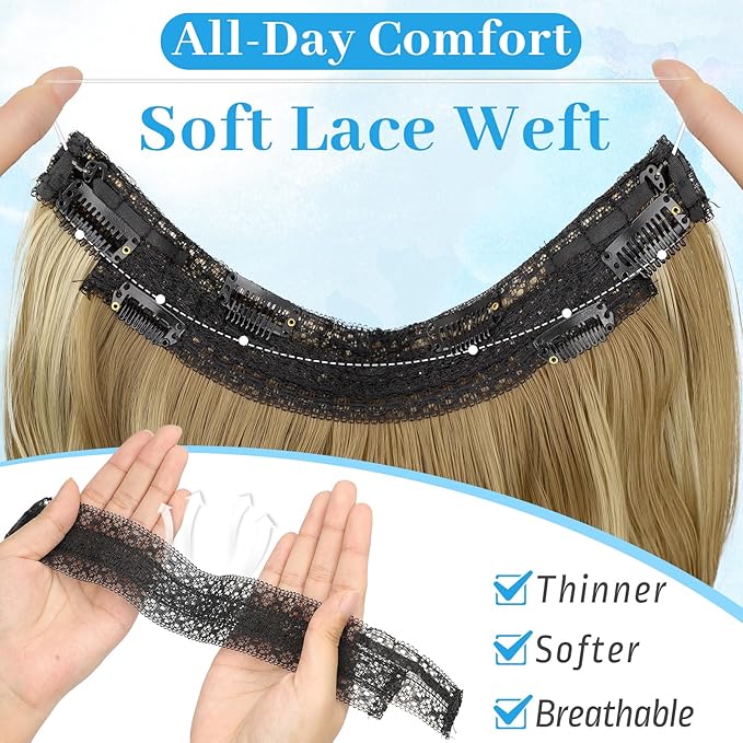KooKaStyle Invisible Wire Hair Extensions Long Straight Layered Synthetic with Transparent Wire Adjustable Size 6 Secure Clips Hairpieces for Women(20 Inch,Honey Blonde with Platinum Highlights)
