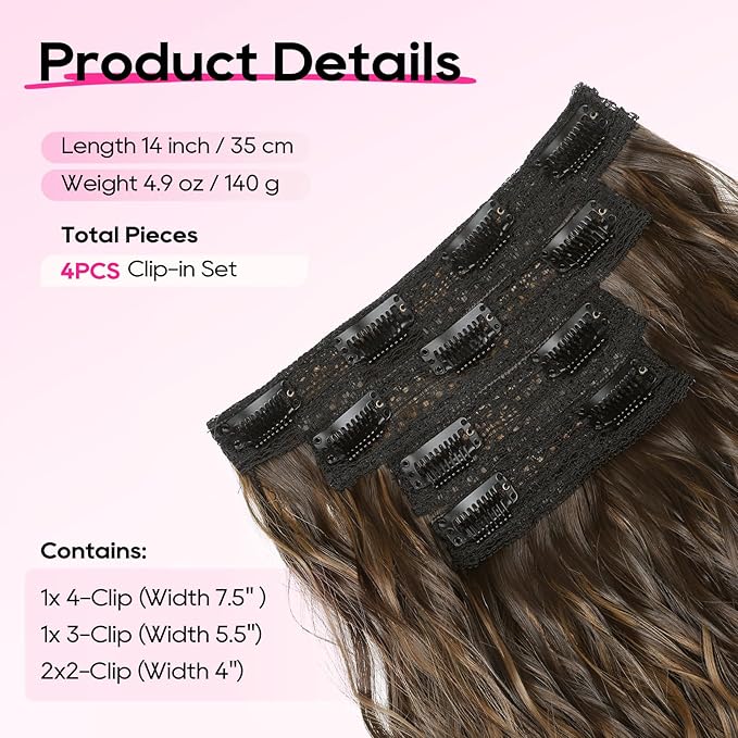REECHO Clip in Hair Extensions, 4PCS 14" Short Wavy Hair Extensions Invisible Lace Weft Natural Soft Hairpieces for Women Chocolate Brown with Highlights