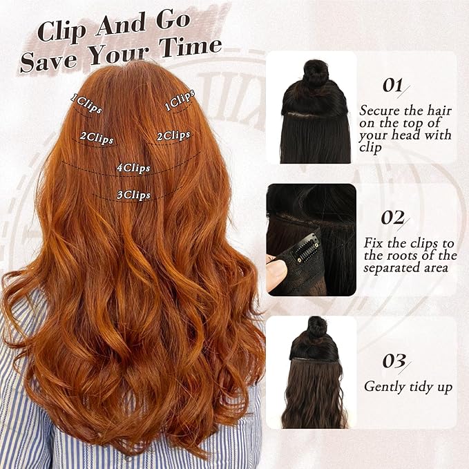 BARSDAR Ginger Copper Clip in Hair Extensions - 16 Inch 6PCs Full Head Beach Wavy Clip in Hair Extensions for Women - Voluminous Thick Soft Synthetic Hairpieces Daily Party Halloween- Ginger Copper