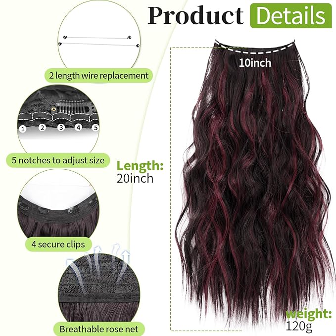 KooKaStyle Invisible Wire Hair Extensions with Transparent Headband Adjustable Size 4 Secure Clips Long Wavy Secret Wire Hairpiece 20 Inch Burgundy mix Dark Brown for Women