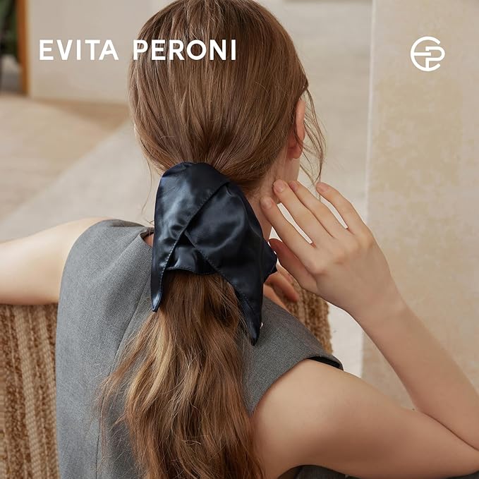 EVITA PERONI Hair Scrunchies for Women, Polyester and Acetate Hair Ties, Silky Smooth No-Damage Hair Bands, Gentle Elastic Ponytail Hold for Women Girls (Navy Blue)